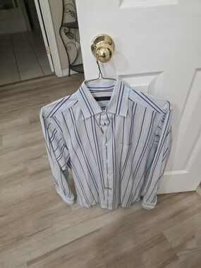Ermenegildo Zegna Light Blue, White and Brown Striped Dress Shirt